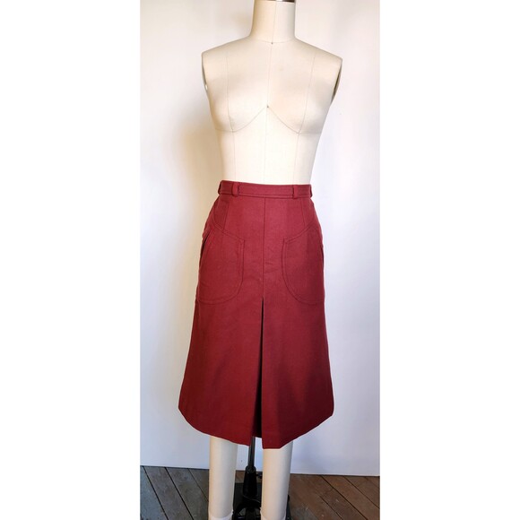 60s 70s Bordeaux WOOL Skirt with POCKETS High Waisted Skirt - Boho Mod XXS - Picture 4 of 8